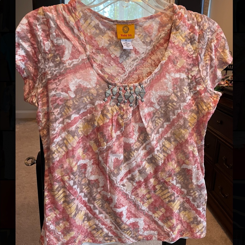 Ruby Rd Womens S Blouse, Pink/White/Yellow, Metal Detail